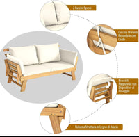 Divano Letto 2 Posti da Esterno in Legno di Acacia con Braccioli Regolabili, Sdraio da Giardino con Cuscini, Chaise longue Pieghevole per Giardino, Piscina, Cortile (Bianco)