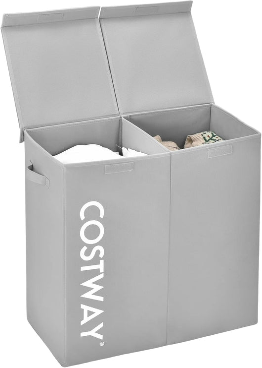 115 L Cesto Portabiancheria con Coperchio, Portabiancheria Sporca con 2 Scomparti e Maniglie, in Tessuto Non Tessuto, Ideale per Bagno Lavanderia, 62 x 31 x 60 cm (Grigio)