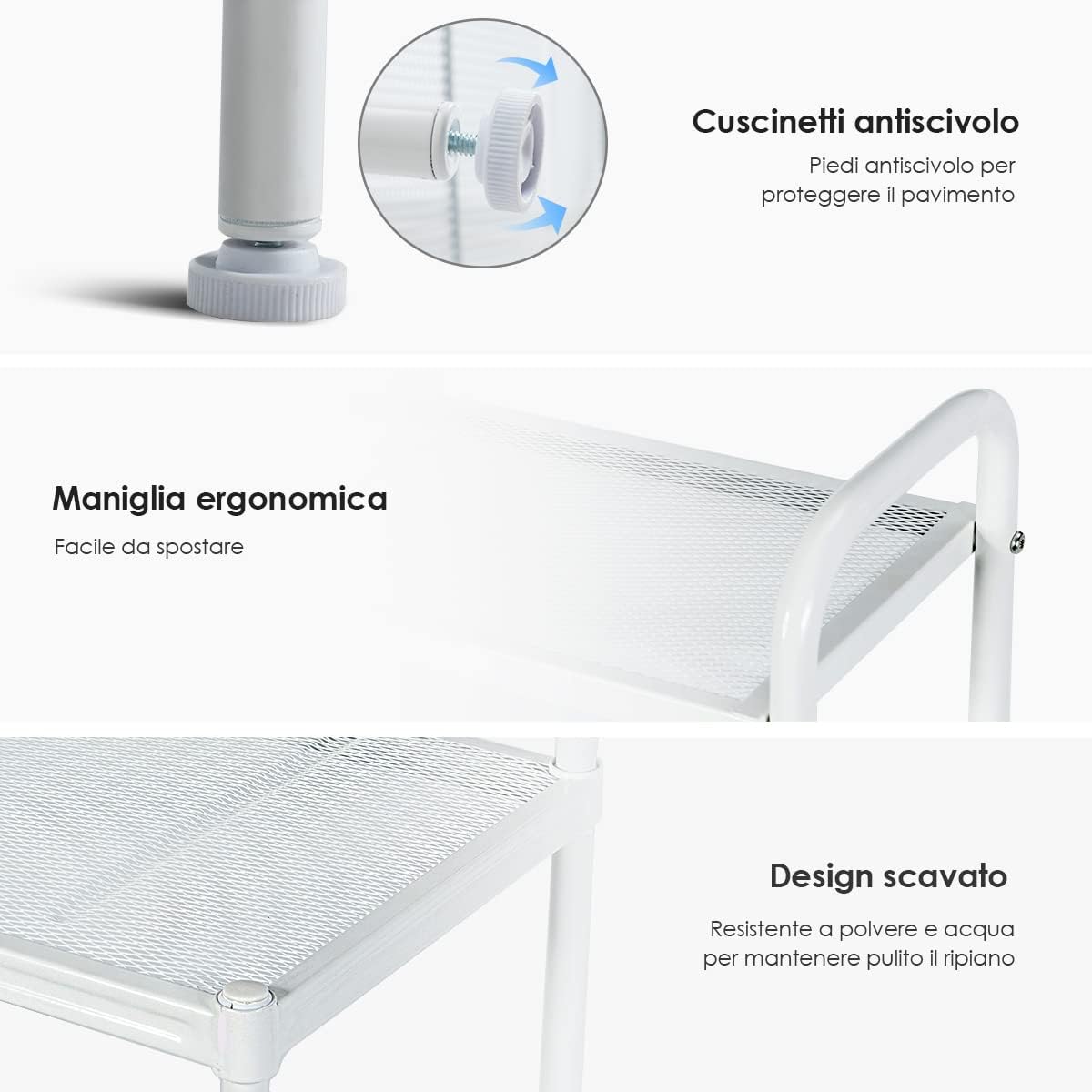 Microonde Scaffale da Cucina per Microonde in Metallo a 4 Ripiani, Carrello per Microonde Scaffalatura Organizzatore Portaoggetti, 60 x 34,5 x 136 cm (Bianco)