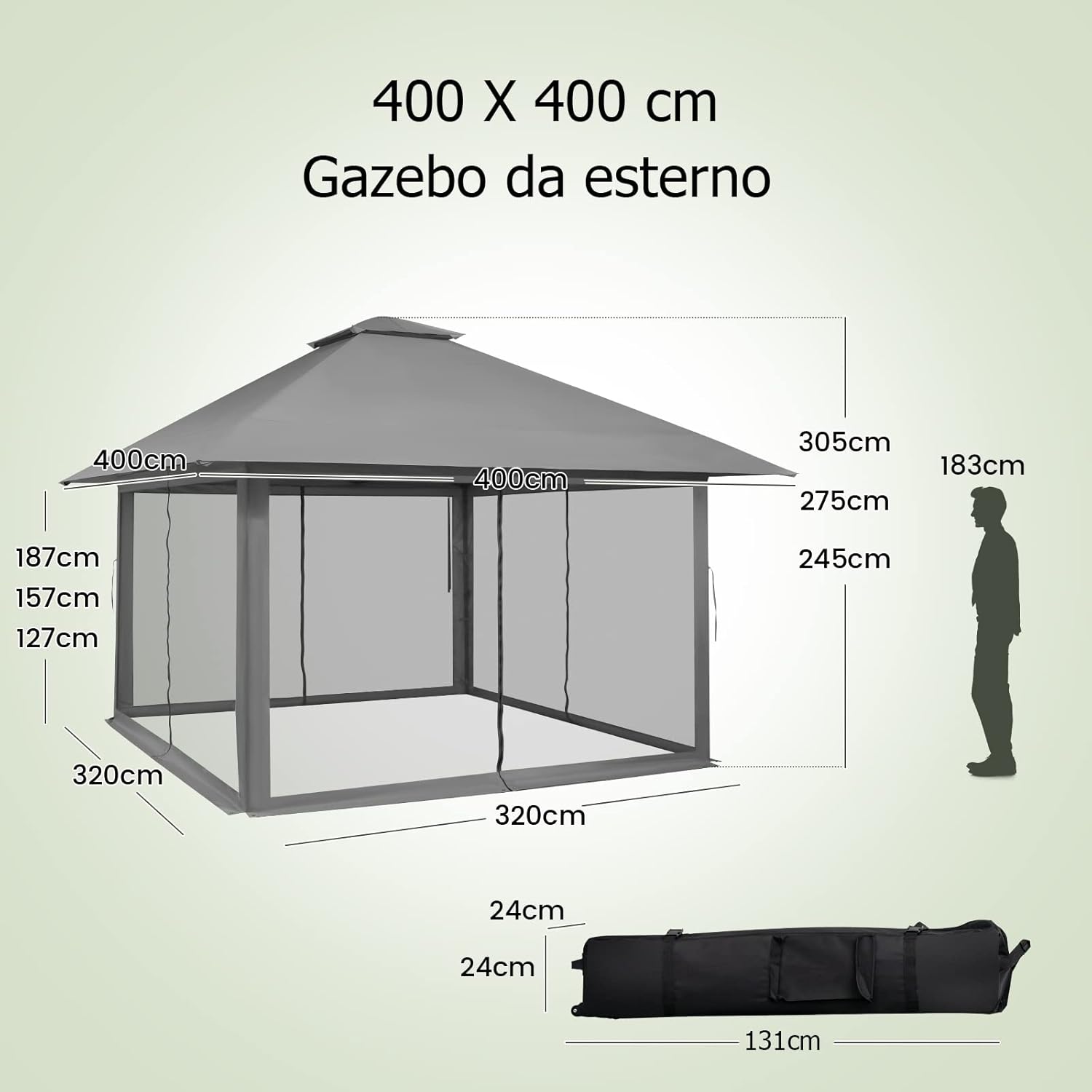 Gazebo Pieghevole da Giardino 4 x 4 m, Altezza Regolabile, Gazebo Pop-up con Zanzariera, Borsa di Trasporto, Doppio Tetto Ventilato e per Giardino Patio e Cortile (Grigio)