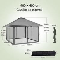 Gazebo Pieghevole da Giardino 4 x 4 m, Altezza Regolabile, Gazebo Pop-up con Zanzariera, Borsa di Trasporto, Doppio Tetto Ventilato e per Giardino Patio e Cortile (Grigio)