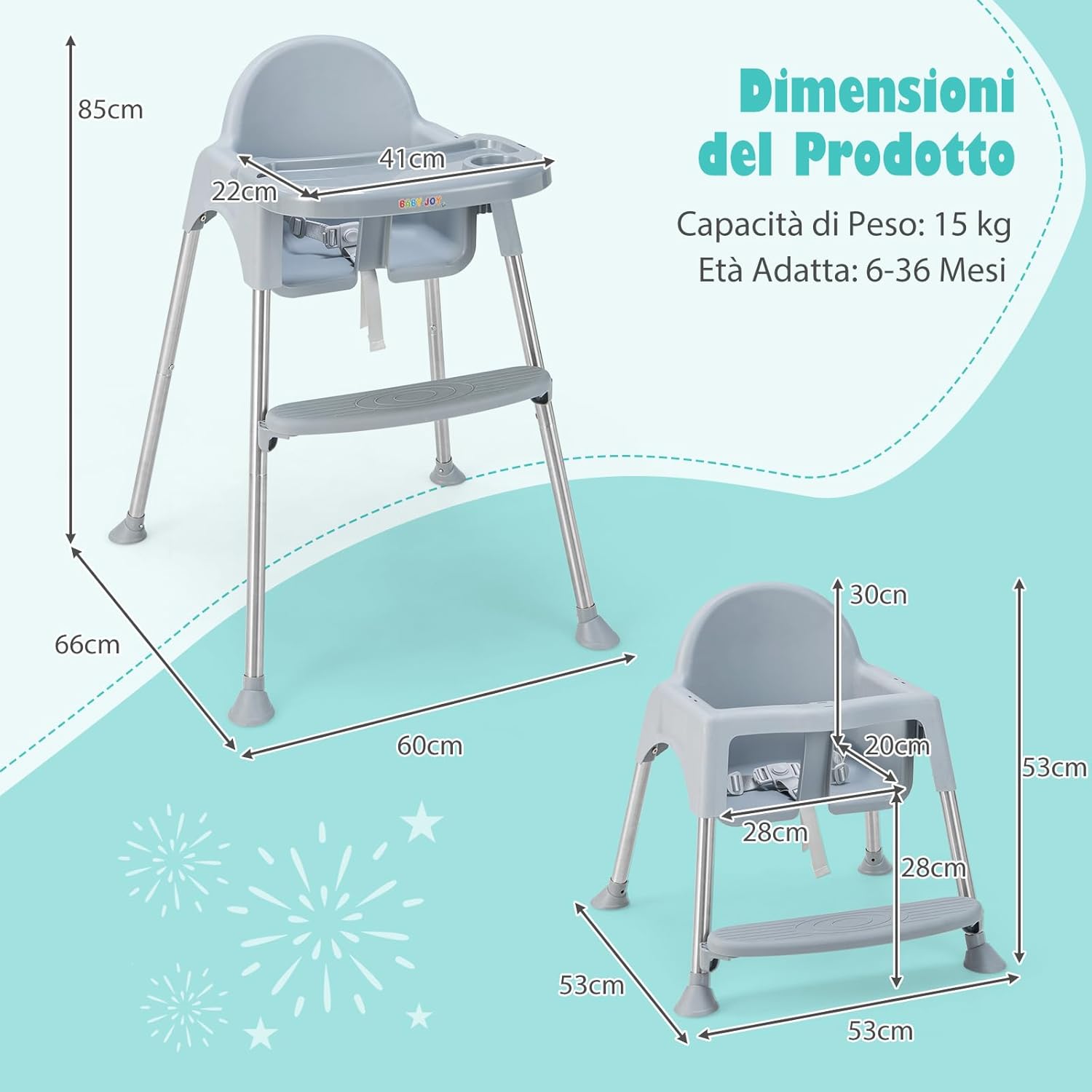 4 in 1 Seggiolone Papa per Bambini, Seggiolone per Neonati con Doppio Vassoio Rimovibile a 2 Posizioni, Cintura di Sicurezza e Poggiapiedi, per Bambini 6-36 Mesi (Grigio)