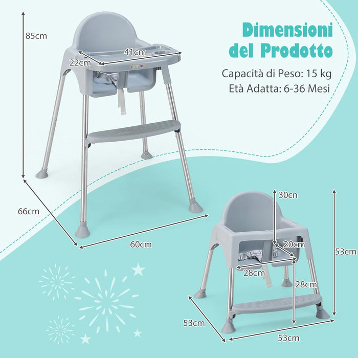 4 in 1 Seggiolone Papa per Bambini, Seggiolone per Neonati con Doppio Vassoio Rimovibile a 2 Posizioni, Cintura di Sicurezza e Poggiapiedi, per Bambini 6-36 Mesi (Grigio)