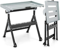 Banco da Lavoro Pieghevole, Tavolo da Lavoro Portatile con Piattaforma Inclinabile e Altezza Regolabile, 2 Ruote, con 3 Slot e 2 Portautensili, Capacità di Carico 180 KG (Modello 1)