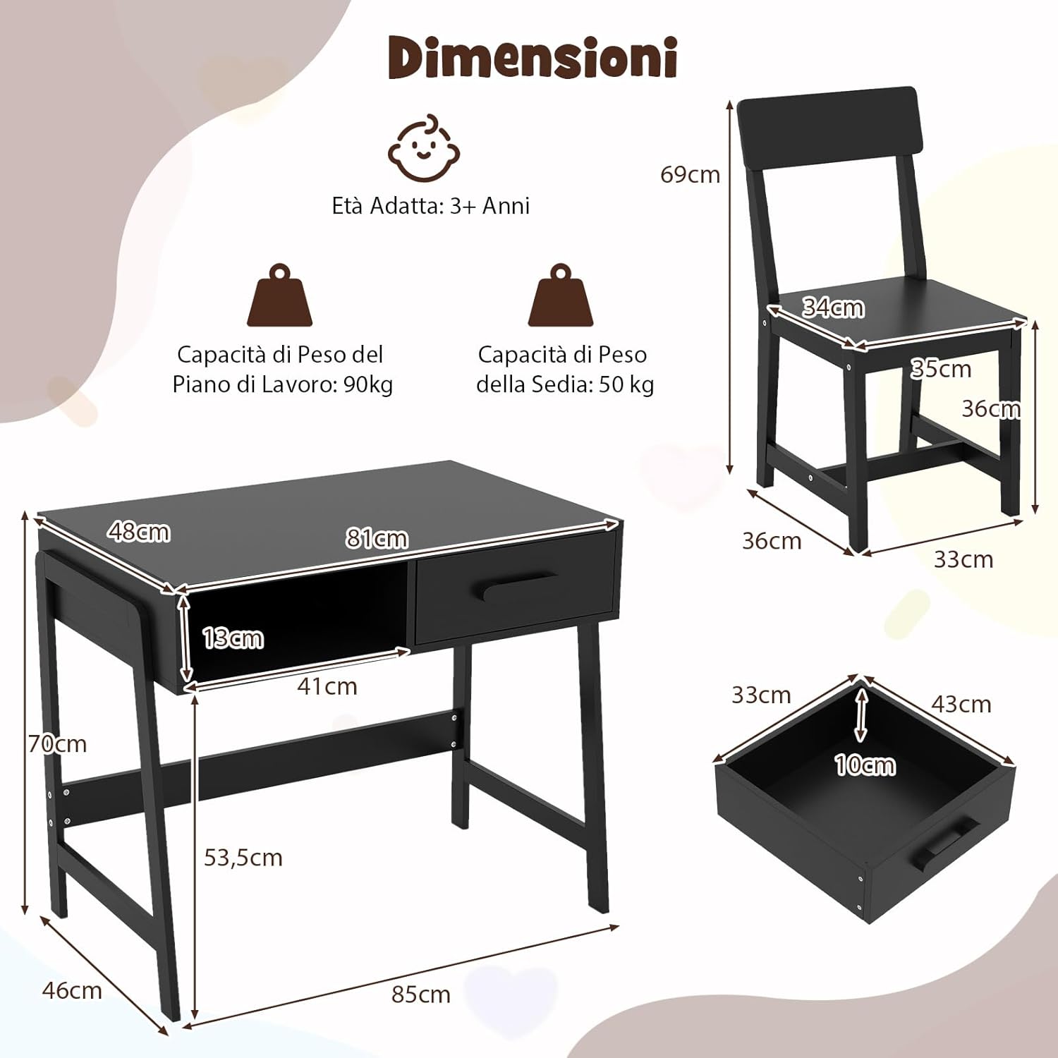 Set Tavolo e Seide per bambini in Legno, Scrivania e Sedia con Cassetto e Scomparto, Tavolino e Sedia per Cameretta, Soggiorno e Scuola (Nero)