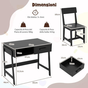 Set Tavolo e Seide per bambini in Legno, Scrivania e Sedia con Cassetto e Scomparto, Tavolino e Sedia per Cameretta, Soggiorno e Scuola (Nero)