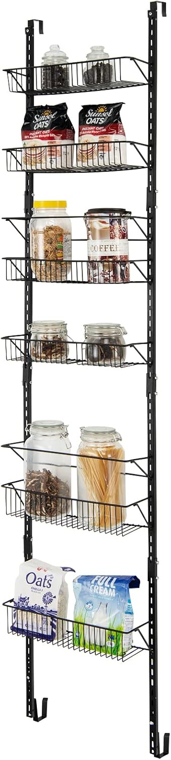 Organizzatore per Dispensa Sopra la Porta, Porta Spezie Regolabile in Altezza a 6 Livelli, 2 Opzioni di Montaggio, per Cucina Guardaroba Bagno, Nero