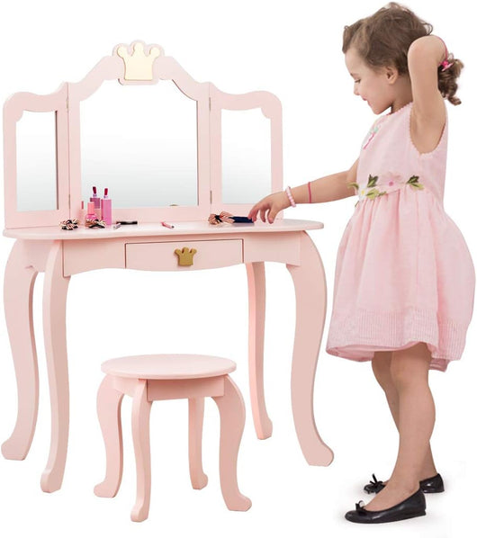 Set Toeletta Trucco e Sedia per Bambine - Smontabile Specchio e Cassetto, Toletta Trucco 2 in 1, 80 x 42 x 105 cm, Rosa