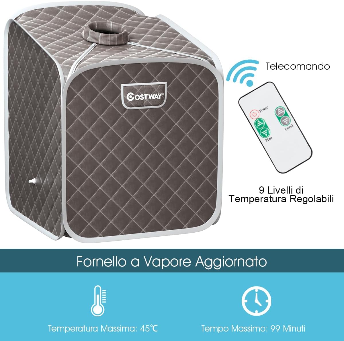 Sauna a Vapore Portatile con Telecomando, Cabina Sauna a Vapore Pieghevole con Sedia e 9 Livelli di Temperatura, Telaio in metallo (Grigio)