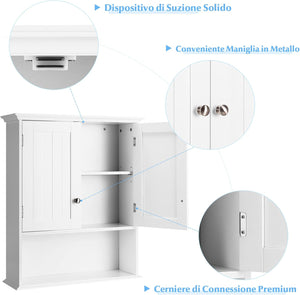 Mobile da Bagno a Parete, Armadietto Bagno in Legno con Ante e Ripiani, Mobile Multiuso per Bagno, Cucina, Camera da Letto, 60 cm x 19 cm x 71 cm, Bianco