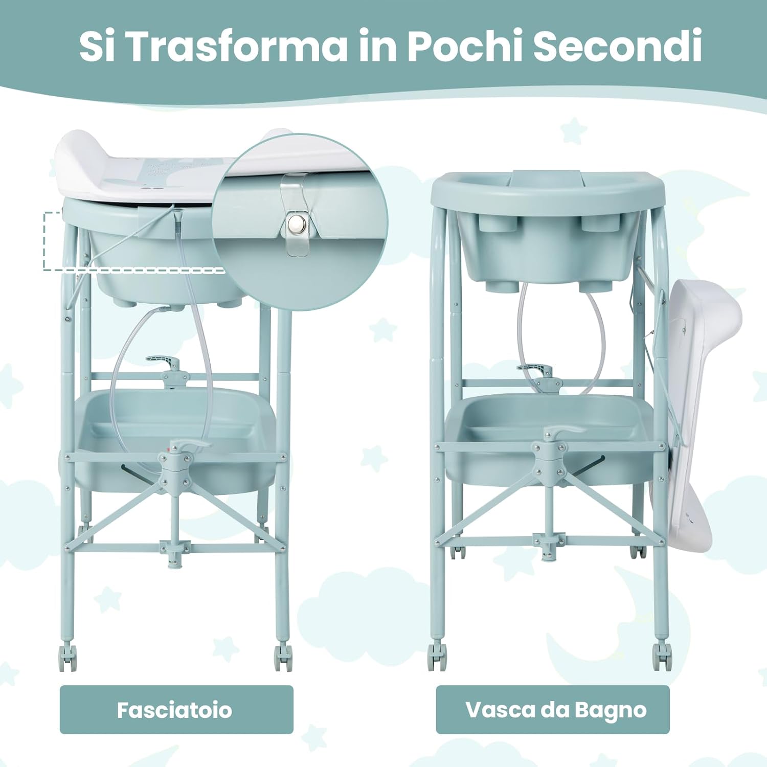 Fasciatoio con Vaschetta per Bambini, Vasca da Bagno per Neonati, Fasciatoio Pieghevole con Materassino, Cestino Portaoggetti, Ruote con Freno, Portata 35kg+15kg (Azzurro)
