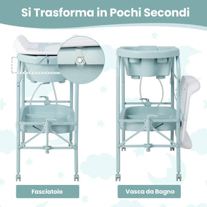 Fasciatoio con Vaschetta per Bambini, Vasca da Bagno per Neonati, Fasciatoio Pieghevole con Materassino, Cestino Portaoggetti, Ruote con Freno, Portata 35kg+15kg (Azzurro)