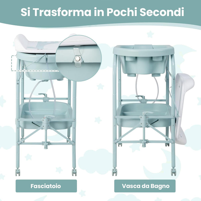 Fasciatoio con Vaschetta per Bambini, Vasca da Bagno per Neonati, Fasciatoio Pieghevole con Materassino, Cestino Portaoggetti, Ruote con Freno, Portata 35kg+15kg (Azzurro)