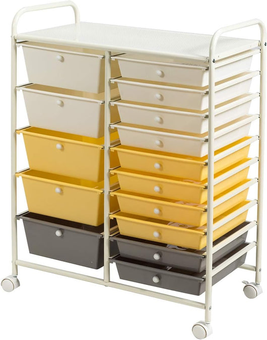 Carrelli Porta Oggetti, con 10+5 Cassetti Impilabili, 2 Ruote Bloccabili, Braccioli Metallici, Portabile e Pratico, per Ufficio, Studio, Cucina,Bagno, 5 Colori Disponibili, 62,5x37x87 cm