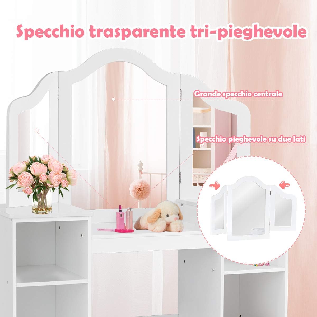 Toeletta per Bambini in Legno, Design Smontabile 2 in 1, Mobile da Trucco Stile Principessa con 4 Mensole e Specchio, Mobile per Il Trucco per Bambine e Ragazze