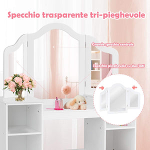 Toeletta per Bambini in Legno, Design Smontabile 2 in 1, Mobile da Trucco Stile Principessa con 4 Mensole e Specchio, Mobile per Il Trucco per Bambine e Ragazze