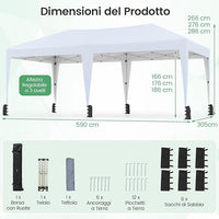 Gazebo Pop-up da Esterno 590 x 300 cm, Gazebo Regolabile in Altezza con Borsa con Ruote, Picchetti, Ancoraggi, Corde Antivento e Sacchi di Sabbia, Tenda Pieghevole per Campeggio (Bianco)