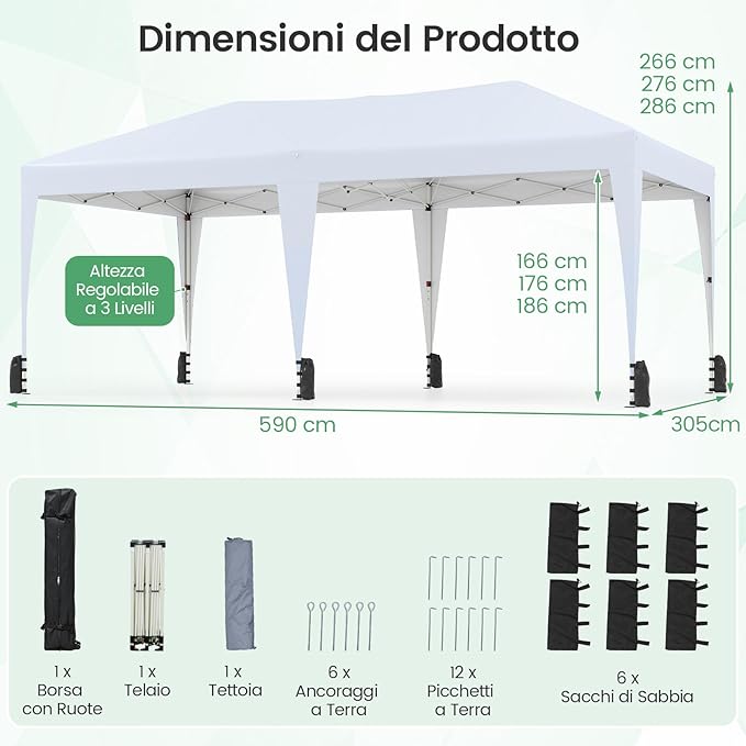 Gazebo Pop-up da Esterno 590 x 300 cm, Gazebo Regolabile in Altezza con Borsa con Ruote, Picchetti, Ancoraggi, Corde Antivento e Sacchi di Sabbia, Tenda Pieghevole per Campeggio (Bianco)