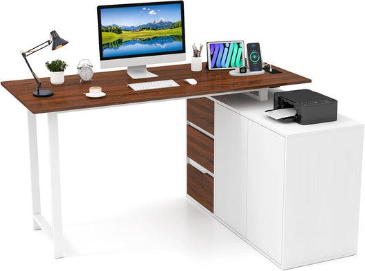 Scrivania Angolare a Forma di L con Presa di Corrente, Scrivania ad Angolo Salvaspazio e Reversibile con 3 Cassetti, Stazione da Lavoro per Ufficio a Casa (Marrone e Bianco)