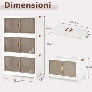 Contenitori da Stoccaggio Pieghevoli con Coperchio da 213/284 L, Scatole Impilabili a 3/4 Piani con Ruote, Organizzatore Pieghevole con Porte per Camera da Letto Soggiorno (65 x 39 x 109 cm)