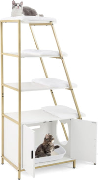 Lettiera per Gatti Salvaspazio, Mobile Nascosto 2 in 1 per Animali Domestici con Scaffale, Tappetini Rimovibili e Entrata a Forma di Testa di Gatto, Armadietto per Gatti per Salotto (Bianco)