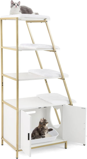 Lettiera per Gatti Salvaspazio, Mobile Nascosto 2 in 1 per Animali Domestici con Scaffale, Tappetini Rimovibili e Entrata a Forma di Testa di Gatto, Armadietto per Gatti per Salotto (Bianco)