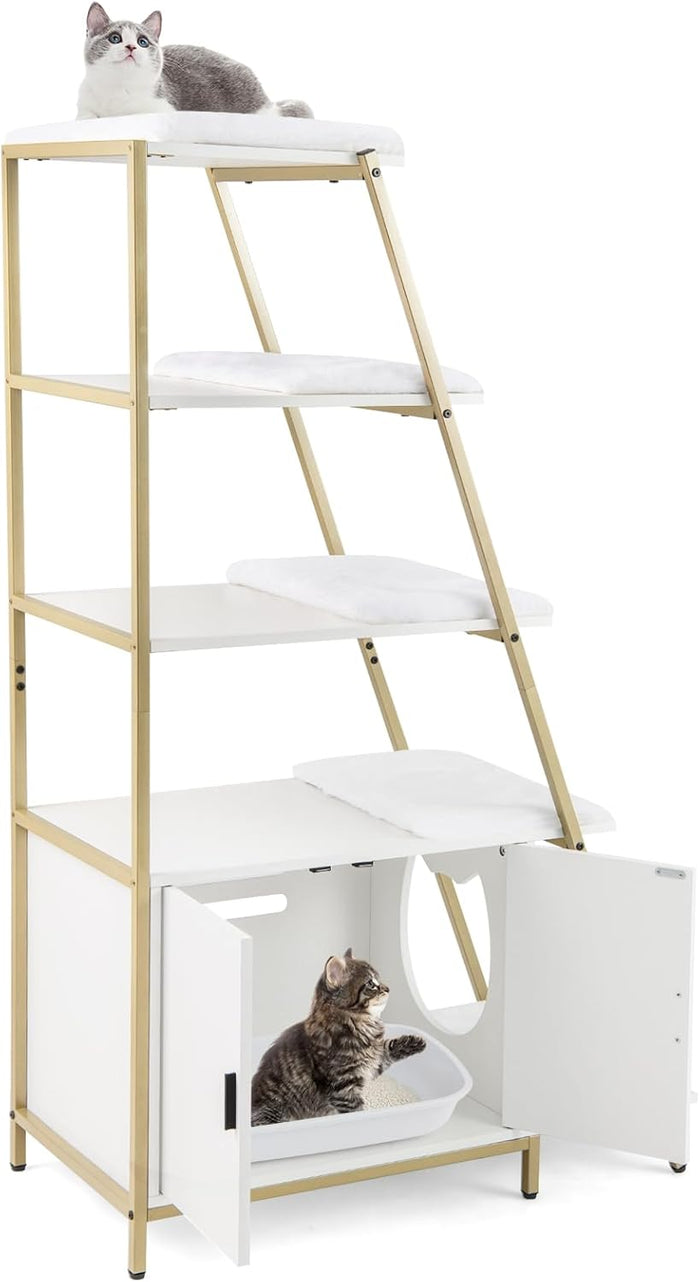 Lettiera per Gatti Salvaspazio, Mobile Nascosto 2 in 1 per Animali Domestici con Scaffale, Tappetini Rimovibili e Entrata a Forma di Testa di Gatto, Armadietto per Gatti per Salotto (Bianco)