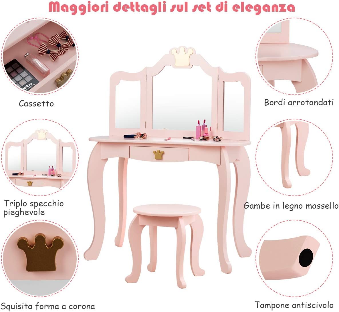 Set Toeletta Trucco e Sedia per Bambine - Smontabile Specchio e Cassetto, Toletta Trucco 2 in 1, 80 x 42 x 105 cm, Rosa
