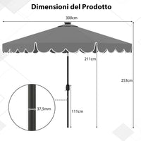 Ombrellone Esterno 300 cm, con 24 Luci LED, Ombrellone da Giardino con Inclinazione Regolabile, con Manovella 8 Stecche, Top Ventilato, per Giardino Piscina Patio (Grigio)