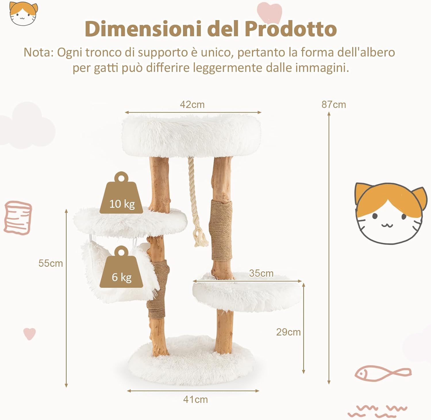 Albero per Gatti in Legno Alto 87 cm con Amaca, Albero Tiragraffi per Gatti a 5 Livelli, con Piattaforma Superiore, Mobile per Gatti da Interno, Bianco