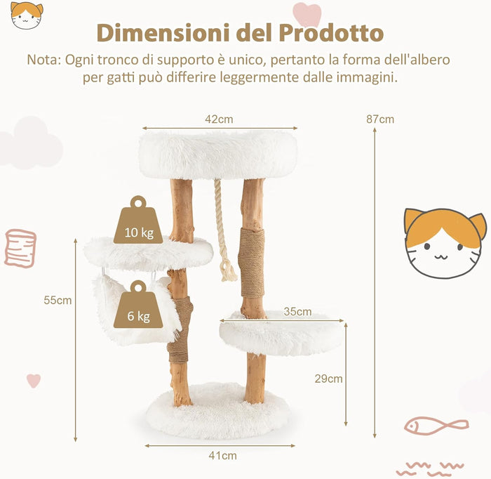 Albero per Gatti in Legno Alto 87 cm con Amaca, Albero Tiragraffi per Gatti a 5 Livelli, con Piattaforma Superiore, Mobile per Gatti da Interno, Bianco