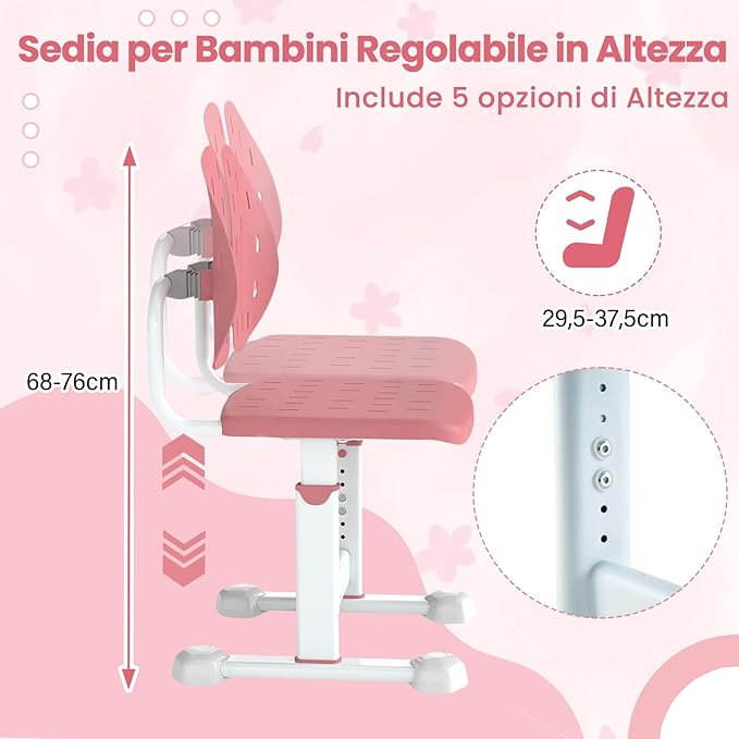 Sedia per Bambini 3+ Anni, Poltrona Ergonomica con Doppi Supporti Dorsali e Seduta Traspirante e Struttura in Metallo Resistente, Sedia Regolabile in Altezza per Camera da Letto (Rosa)