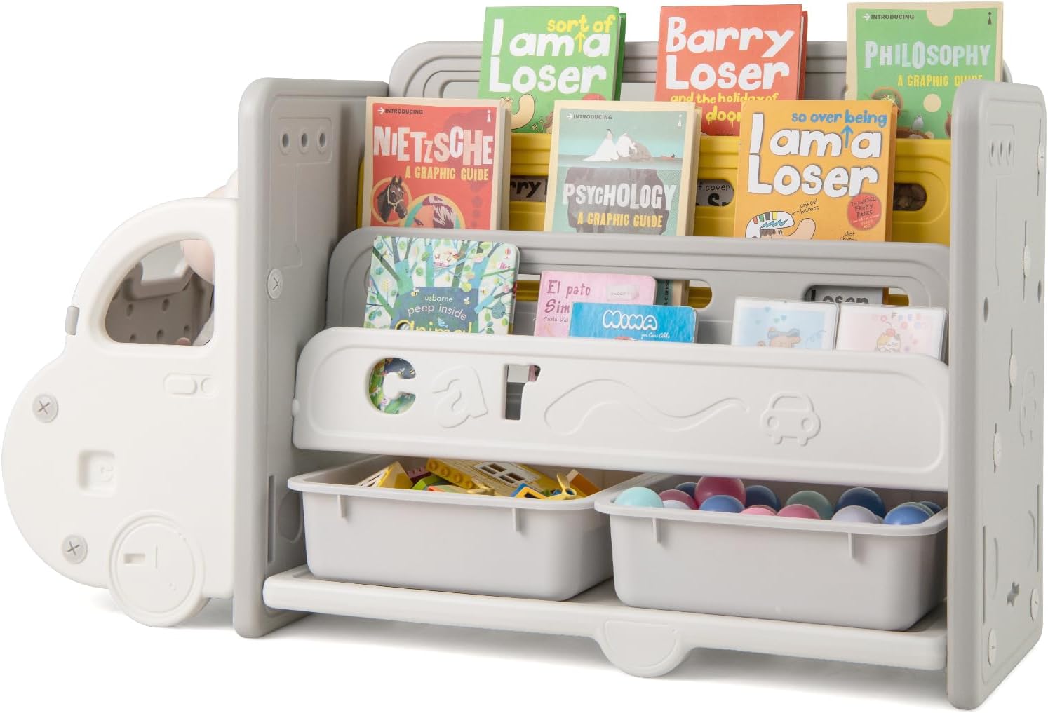 Scaffale per Giocattoli e Libri per Bambini, Libreria a Forma di Auto con 3 Ripiani 2 Scatole, Organizzatore Salvaspazio per Camera Stanza dei Giochi Asilo