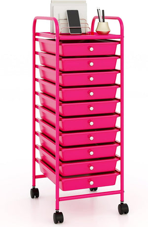 Carrello con 10 Cassetti da Stoccaggio, Cassettiera di Metallo e Plastica, Contenitore Multiuso con Ruote a Freno, per Casa e Ufficio (Rosa)
