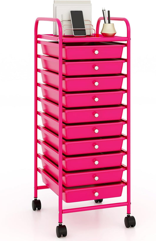 Carrello con 10 Cassetti da Stoccaggio, Cassettiera di Metallo e Plastica, Contenitore Multiuso con Ruote a Freno, per Casa e Ufficio (Rosa)