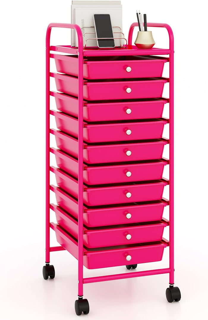 Carrello con 10 Cassetti da Stoccaggio, Cassettiera di Metallo e Plastica, Contenitore Multiuso con Ruote a Freno, per Casa e Ufficio (Rosa)