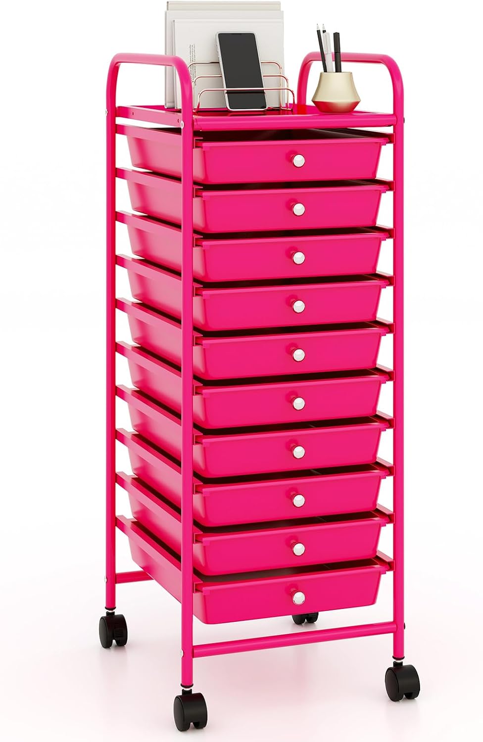 Carrello con 10 Cassetti da Stoccaggio, Cassettiera di Metallo e Plastica, Contenitore Multiuso con Ruote a Freno, per Casa e Ufficio (Rosa)