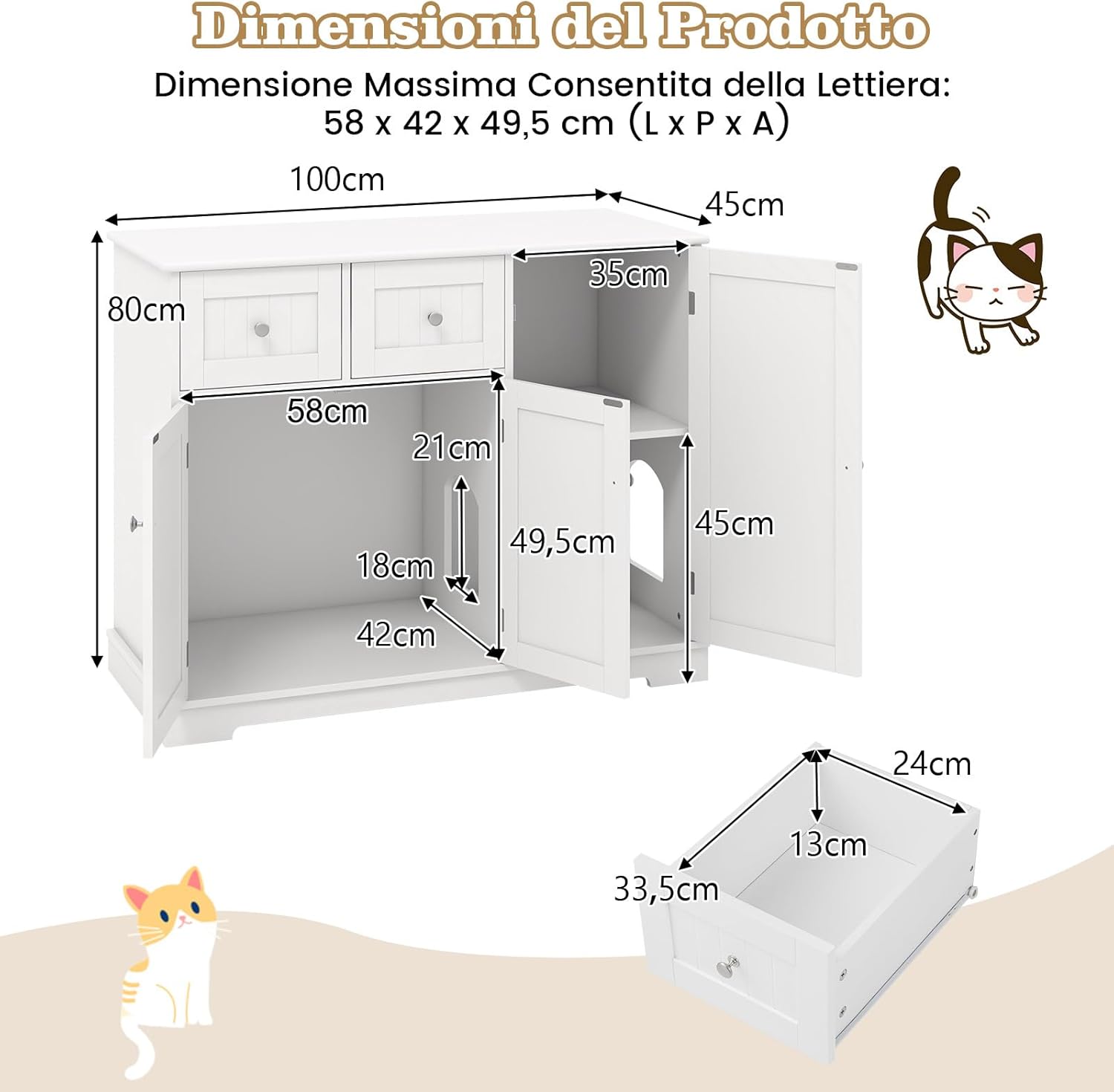 Lettiera Nascosto per Gatti, Mobile Laterale per Gatti con 2 Cassetti, 3 Porte e Dispositivi Anti-Ribaltamento, Armadio Moderno per Animali Domestici, Bianco