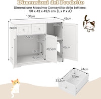 Lettiera Nascosto per Gatti, Mobile Laterale per Gatti con 2 Cassetti, 3 Porte e Dispositivi Anti-Ribaltamento, Armadio Moderno per Animali Domestici, Bianco