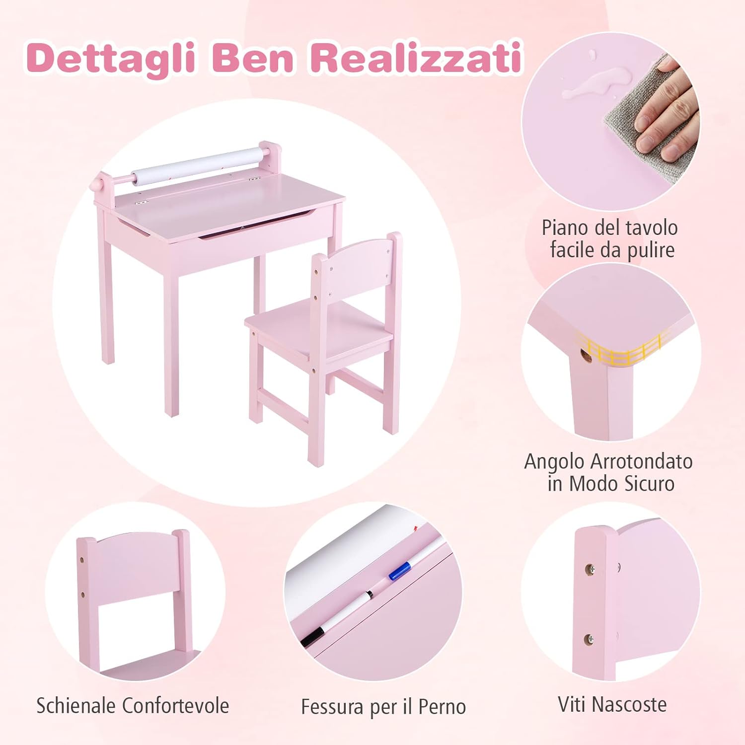 Set Tavolo e Sedia d’Arte per Bambini 3+ Anni, Scrivania in Legno di Pino da Disegno con Portarotolo, Piano Ribaltabile & Vano Portaoggetti, Rotolo di Carta (10m) e 2 Pennarelli (Rosa)
