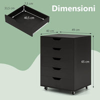 Cassettiera da Ufficio con 5 Cassetti e Ruote, Mobiletto Multiuso per Documenti e Cosmetici, Comodino con Ruote per Camera da letto, Studio, Ufficio e Soggiorno (Nero)
