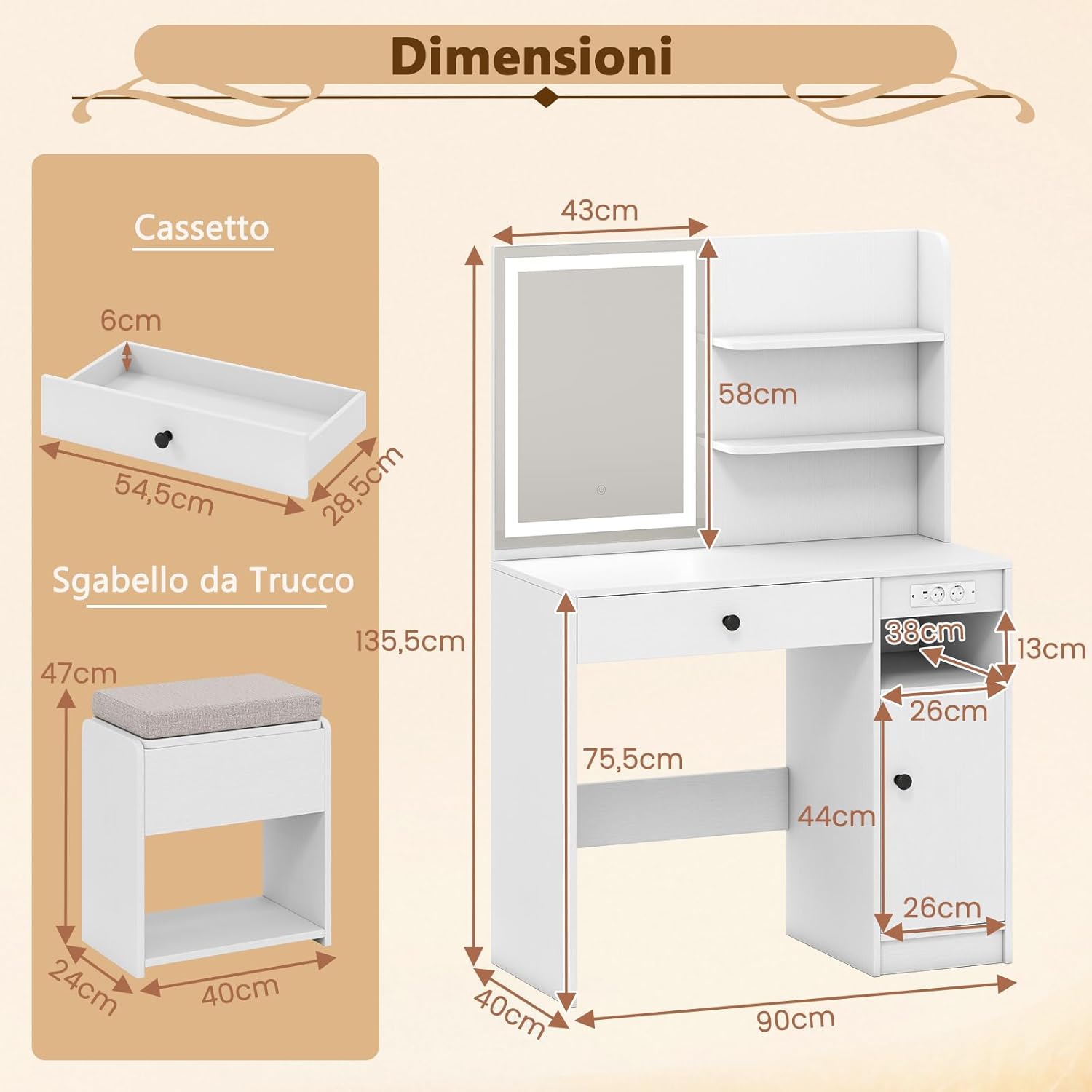 Set Tavolo da Toeletta con Luci, Set Tavolo e Sgabello con Stazione di Ricarica, Ripiano Regolabile, Luci a 3 Colori, Cassetto, Consolle Toeletta con Sgabello Portaoggetti, 90 x 40 x 135,5 cm