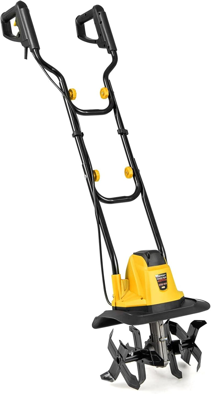 Motozappa Elettrica a Filo, Zappatrice da Giardino con Manico Ergonomico e Motore Forte, Motocoltivatore Pieghevole per Scavare Terreno del Prato (32,5 x 24 x 138 cm,Giallo)