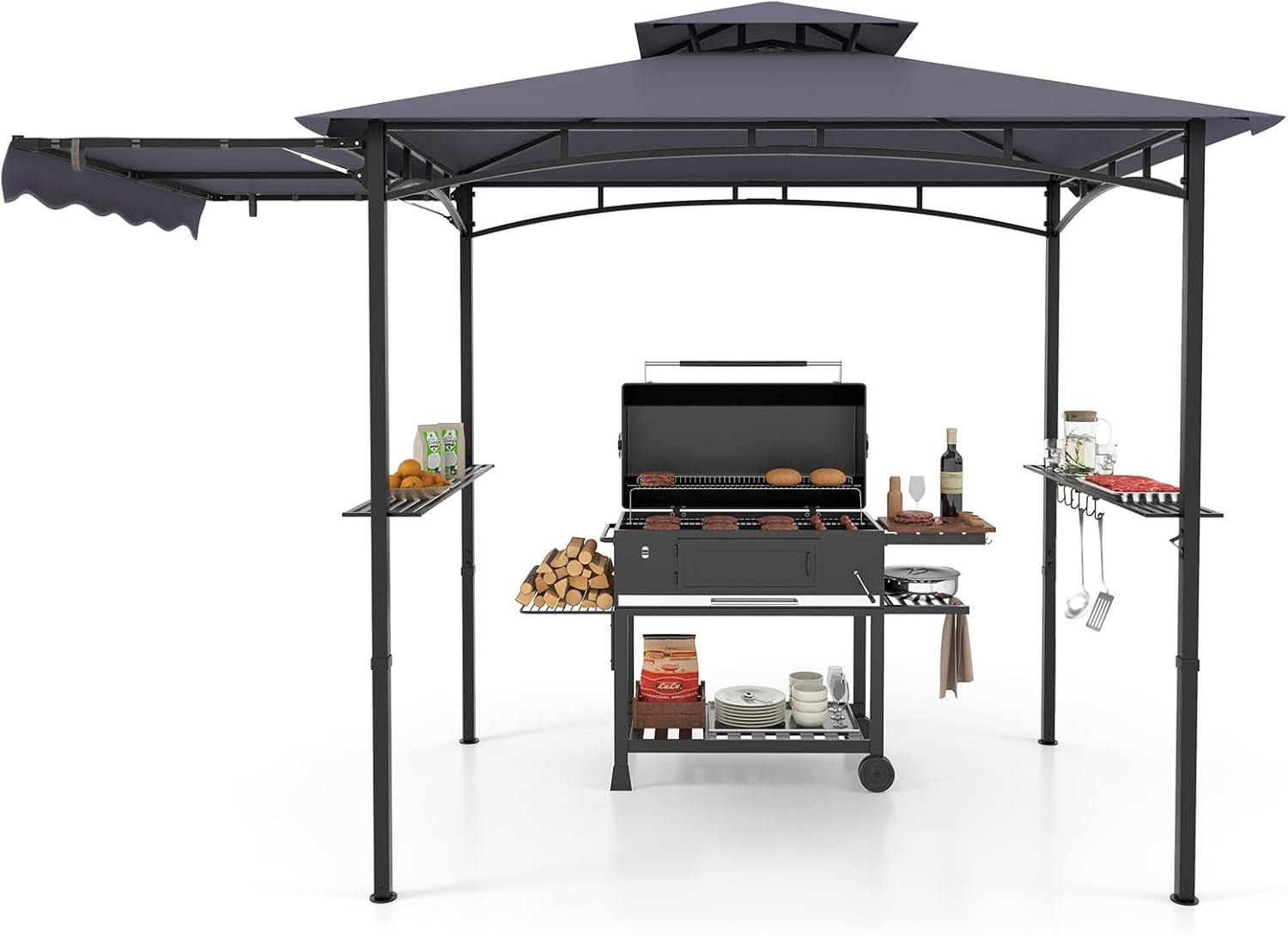 Gazebo per Barbecue, Pergola per BBQ con Tendalino Laterale, Tetto a 2 Livelli, 2 Ripiani Laterali, Ganci Appesi, Apribottiglie, per Giardino e Cortile, 318 x 153 x 250 cm (Grigio Scuro)