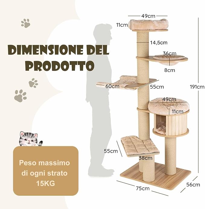 Albero Tiragraffi per Gatti Alto 191 cm, Tiragraffi per Gatti Multistrato con Nicchia in Legno, Trespolo Spazioso, Amaca, Nido, Pali, Tiragraffi e Materassini Lavabili
