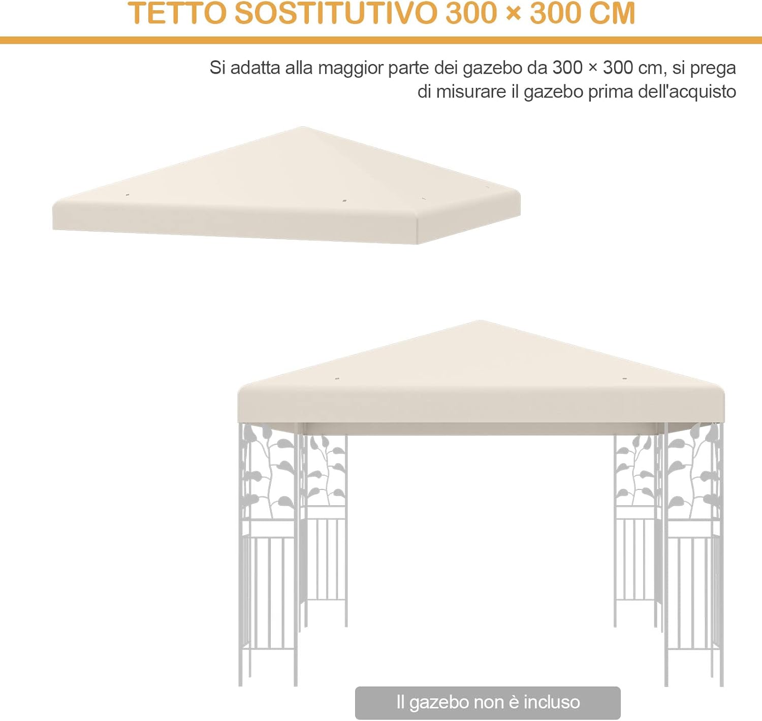 Tettoia di Ricambio per Gazebo da 3 x 3 m, Copertura per Gazebo da Giardino con Gancio e Chiusura a Strappo, Fori di Drenaggio, Facile da Montare (Beige)