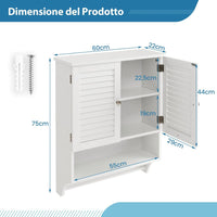 Armadietto da Bagno Sospeso, Armadietto da Parete con 2 Ante, con Ripiano Regolabile in 3 Posizioni e Barra Porta Asciugamani, 60x22x75 cm (Bianco)