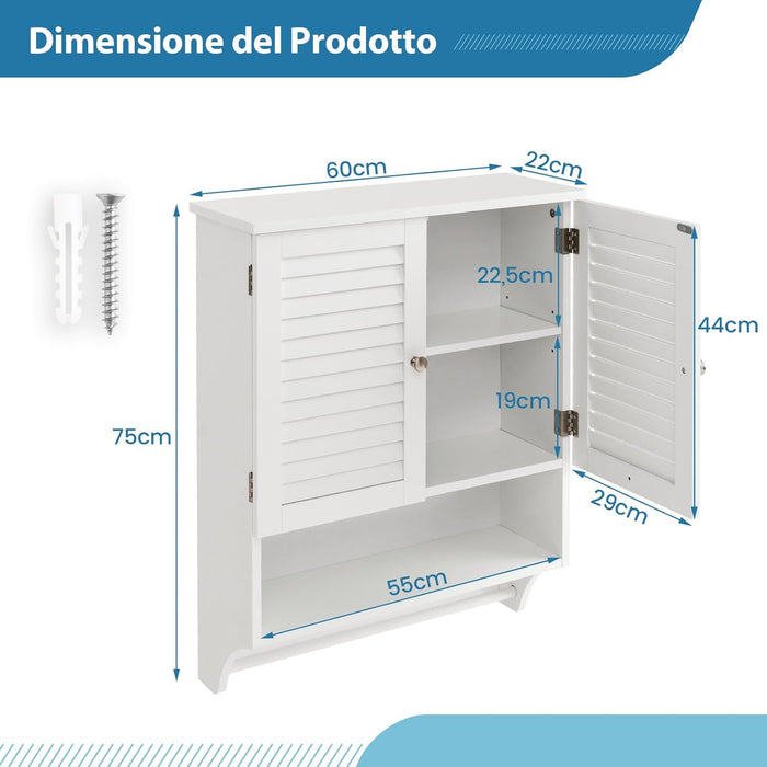 Armadietto da Bagno Sospeso, Armadietto da Parete con 2 Ante, con Ripiano Regolabile in 3 Posizioni e Barra Porta Asciugamani, 60x22x75 cm (Bianco)