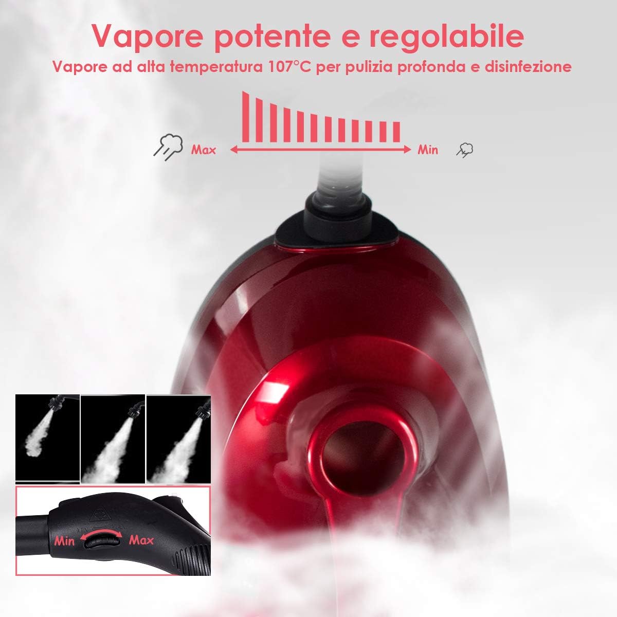 2000W Pulitore a Vapore con 19 Accessori e Serbatoio da 1,5L, Vapore per Tappeti, per Pulizie Profonde Pavimenti Finestre e Macchine (rosso)
