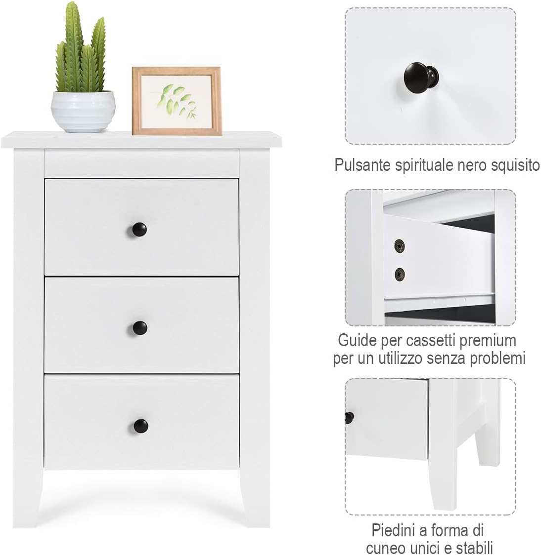 Comodino con 3 Cassetti, Cassettiera da Letto, Tavolino Spazioso con Struttura Resistente, per Salone e Camera da Letto, 46 x 37 x 65 cm (Bianco, 2 pezzo)